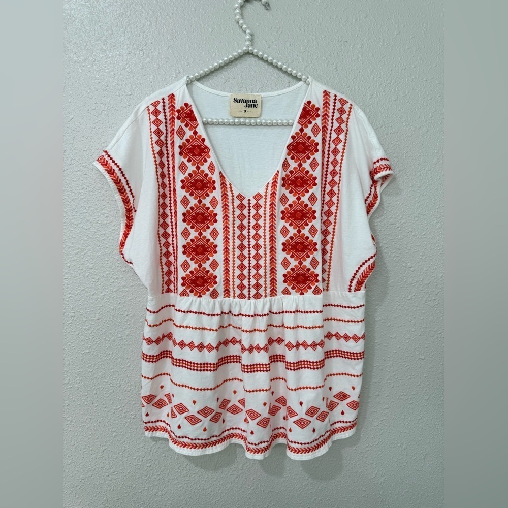 Savanna Jane Embroidered Chic Knit Tank Women's Size 1X White Red